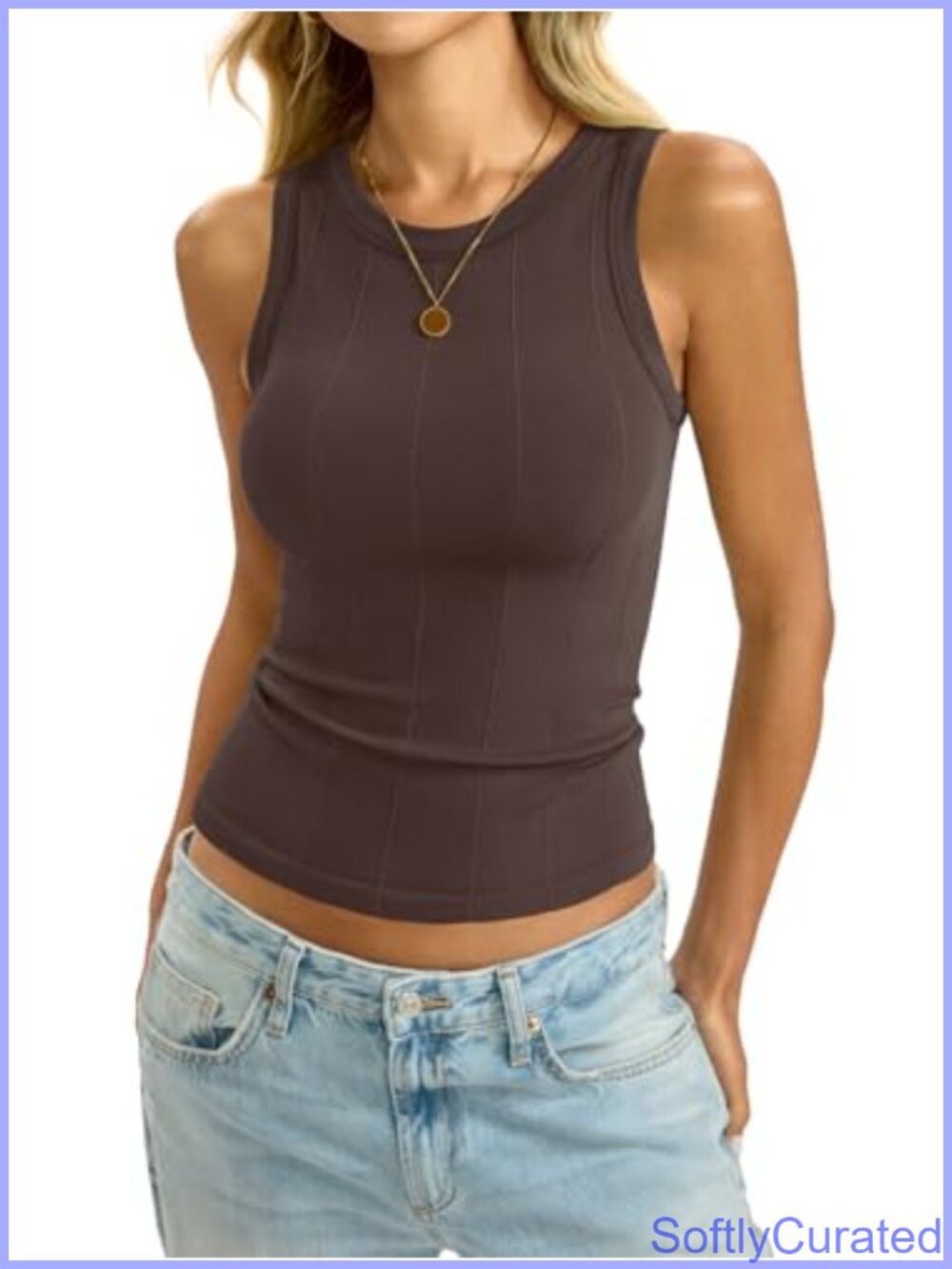 Ribbed Seamless Tank Top Crew Neck Fitted Sleeveless Summer Basic